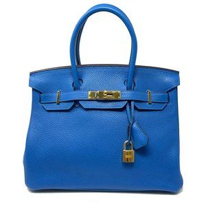 HERMES Birkin 30 Blue Clemence Leather Satchel Handbag